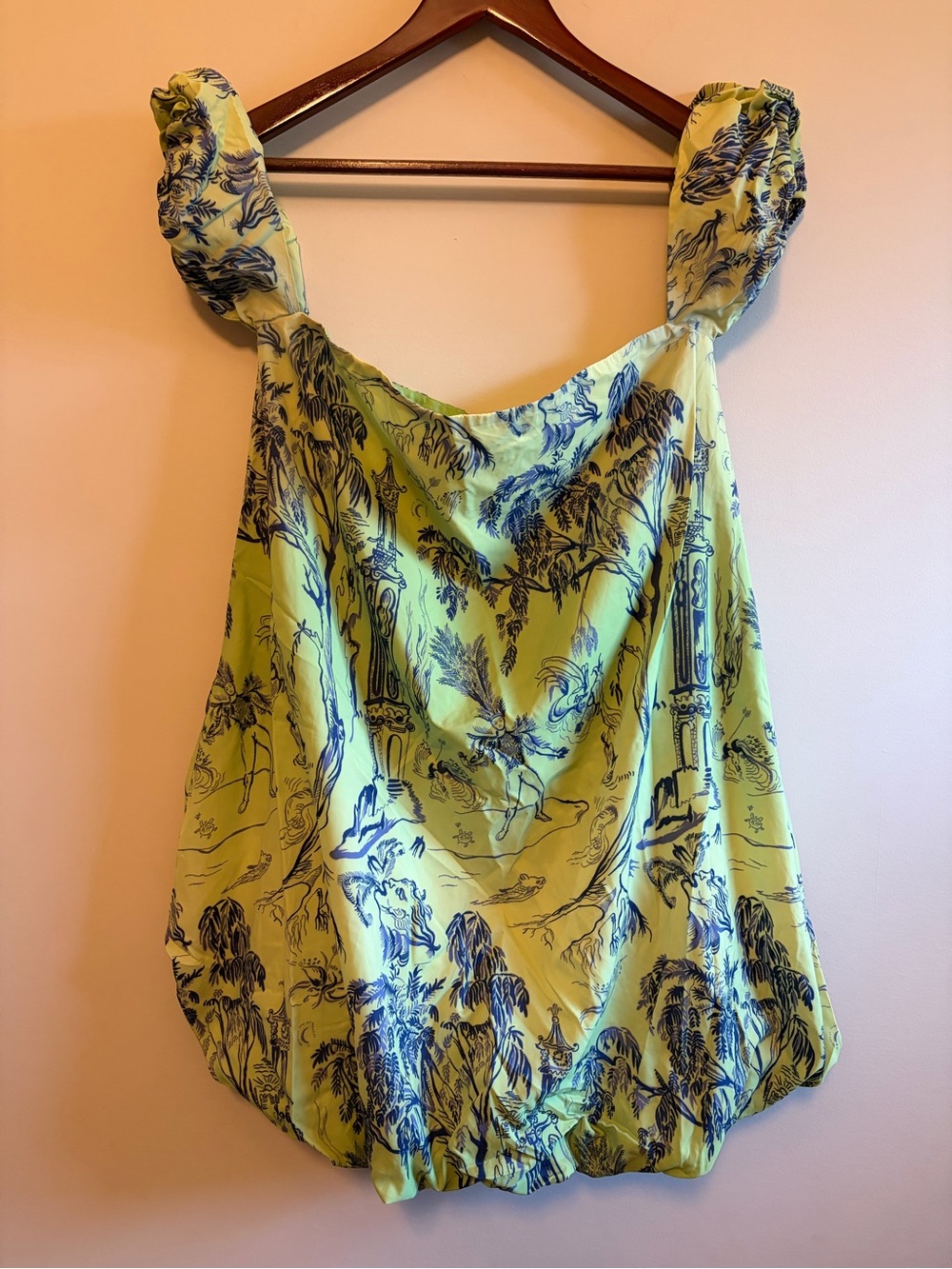 STAUD Lime Green Bubble Dress with Blue Toile Print